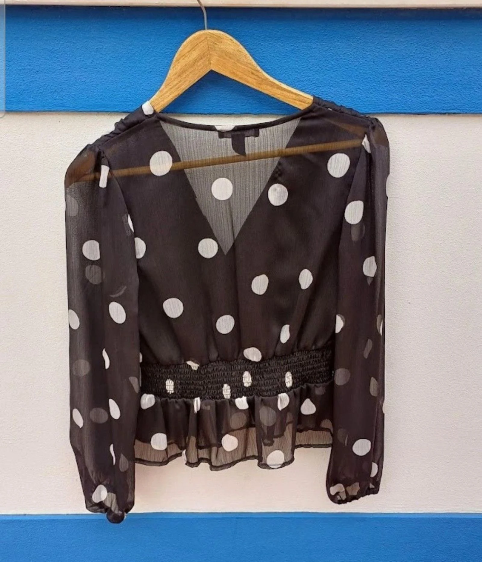 🖤Zwart semi-transparant top met grote stipjes, romantische elegante stijl, Als nieuw – photo 4